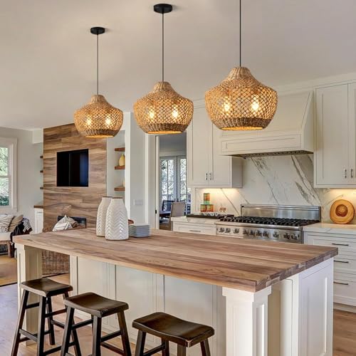 Hand-Woven Boho Rattan Chandelier Pendant Light Fixture - Brown Wicker Hanging Lamp for Kitchen Island, Dining Room, Bedroom, Foyer, Entryway, Porch or Restaurant Ceiling Lighting 15 Inch