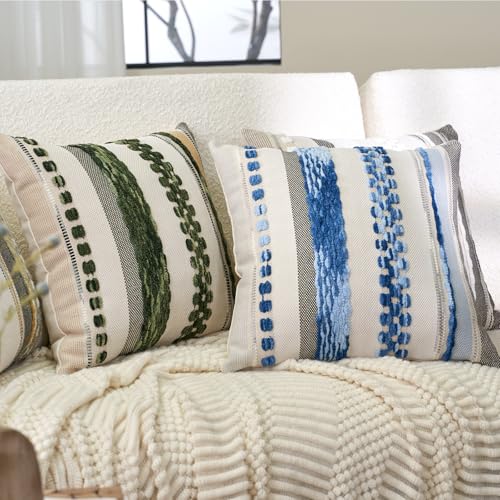 Aeckself Boho Throw Pillow Covers 18x18 Inch Set of 2, Farmhouse Decorative Striped Square Pillow Covers Chenille Tufted Pillow Cases Accent Neutral Pillowcase for Living Room Couch Bed, Sky Blue - color: Sky Blue
