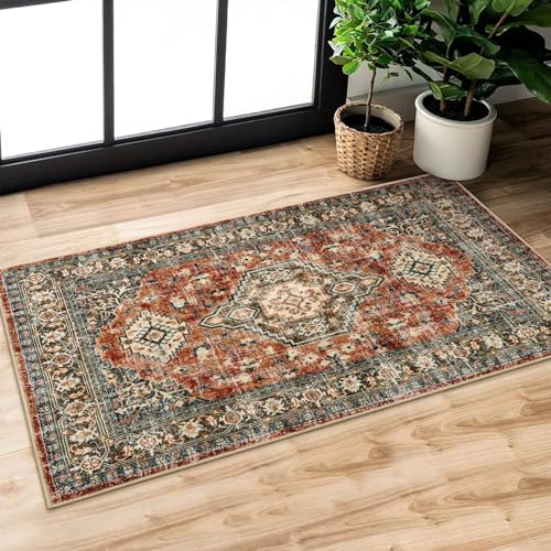 Lahome Oriental Small Area Rug, 2x4 Washable Entryway Rug Non-Slip Ultra-Thin Indoor Door Mat Distressed Throw Carpet for Kitchen Bedroom Eleanor, Brick Red - color: Brick Red, size: 2' x 4' (Rectangular)