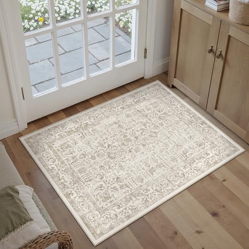 PureCozy Light Brown Entryway Area Rug 2x3 Door Mat Machine Washable Kitchen Vintage Distressed Non Slip Carpet Indoor Retro Floral Accent Throw Small Rug for Bathroom Office Bedroom Dining Room - color: Accent | Light Brown, size: 2' x 3' (Rectangular)