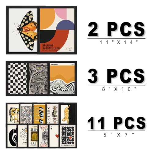 ANERZA 16 PCS Framed Eclectic Wall Art Decor, Modern Maximalist Wall Prints for Bedroom, Vintage Gallery Wall Frame Set, Bauhaus Funky Posters for Home Decor, Retro Abstract Dorm Collage Kit - color: Orange, size: 12"x15" Framed