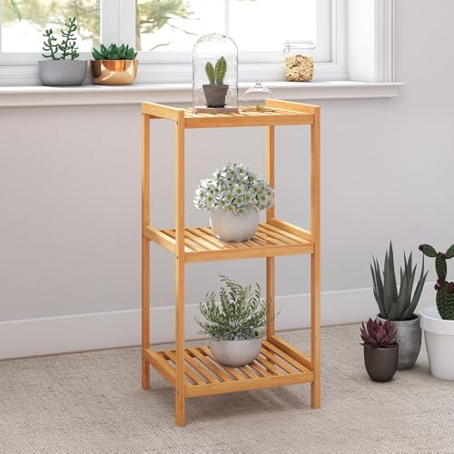 kinbor 3-Tier Bamboo Shelf Freestanding - Space-Saving Bathroom Standing Shelf & Plant Stand, 3 Shelf Bookcase for Kitchen, Living Room, Office (Natural Bamboo, Easy Assembly) - size: 3-Tier