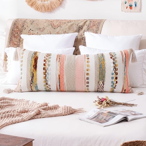 PANOD Boho Long Lumbar Throw Pillow Cover 14 x 36 Red Brown, Chenille Morocan Extra Long Pillow Case Cover, Decorative Long Pillow for Bed Couch Sofa Farmhouse - color: Red Tone, size: 36" x 14" (Pack of 1)