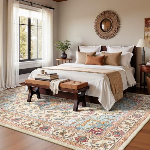 5x7 Area Rugs - Washable Rug Vintage Distress Boho Medallion Rugs for Living Room, Soft Non-Slip Backing Low Pile Carpet for Bedroom Dining Room Office Nursery Dorm Home, Vintage Orange - color: G-vintage Orange, size: 5' x 7' (Rectangular)