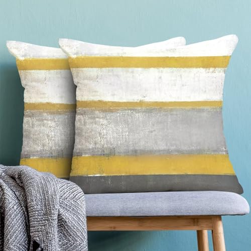 AEIOAE Yellow Grey Pillow Covers 18x18 Set of 2 Beige Abstract Art Painting Striped Decorative Throw Pillow Covers Cotton Square Modern Cushion Case for Home Couch Sofa Outdoor - color: Yellow, size: 18" x 18" (Pack of 1)