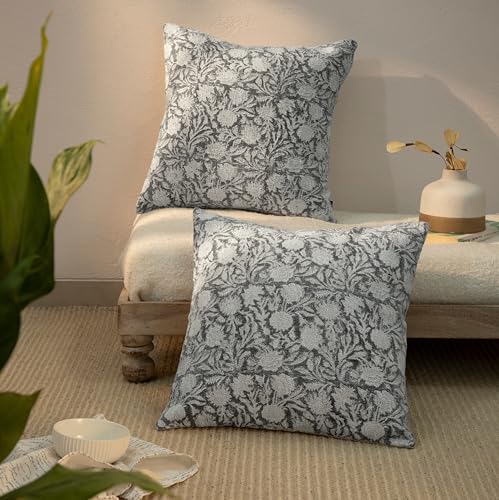 Handblock Printed Vintage Indian Cotton Decorative Throw Pillow Covers, Set of 2 (Iron Grey, 18" x 18" (Pack of 2)) - color: Iron Grey, size: 18" x 18" (Pack of 2)