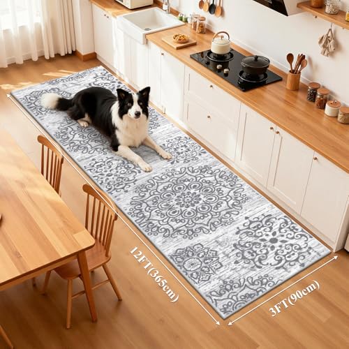 HEBE Hallway Runner Rug 3'x12' Washable Vintage Distressed Area Rugs Non Slip Laundry Rug Runner Boho Floor Carpet Runners for Hallways Entryway Laundry Room Kitchen Bathroom - color: Grey, size: 3' x 12' (Rectangular)