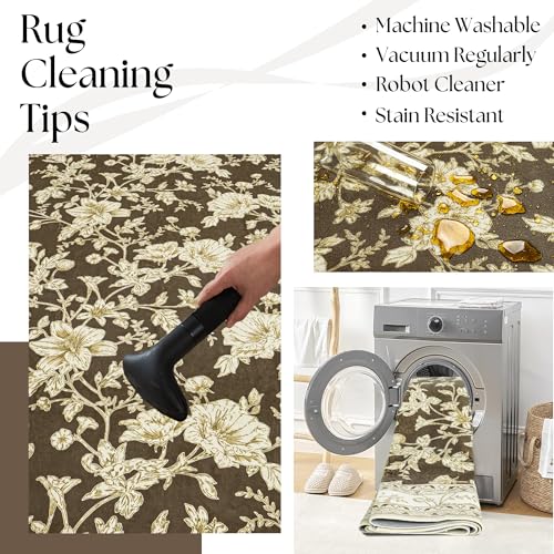 Brown Runner Rugs 2x6 for Hallway Kitchen Bedroom Beside Laundry Room Bathroom Rug Boho Modern Washable Non Slip Low Pile Stain Resistant Soft Long Carpet Mat Brown Cream Beige Floral Pattern - color: Sketch Floral Brown, size: 2' x 6' (Rectangular)