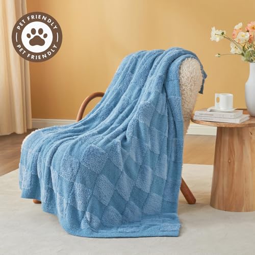 Snuggle Sac Faux Fur Checkered Blanket Twin Size with Soft Knitted Microfiber Fabric,Cozy Soft Warm Blanket for Sofa Bedroom Living Room,Solid Blue,60x80 inches - color: Solid Blue, size: Twin(60"x80")