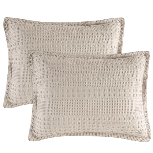 PHF 100% Cotton Ruffle Waffle Pillow Shams Standard Size, 2 Pack 20" x 26" Soft Skin-Friendly Pillowcases, No Filling, Aesthetic Home Decor, Breathable Waffle Weave Bed Pillow Covers, Oatmeal - color: Oatmeal-ruffle, size: 26" x 20" (Pack of 2)