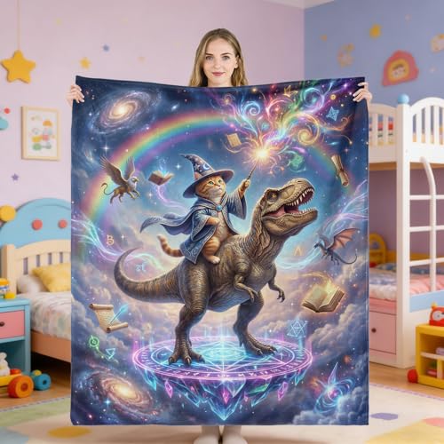 Neasow Funny Cat Witch Dinosaur Throw Blanket, Galaxy Space Rainbow Flannel Fun Blanket, Super Soft for Couch Dorm Sofa Room, Gifts for Kids Teens Boys, 50×60 inch - color: Cat Witch Dinosaur, size: 60"L x 50"W