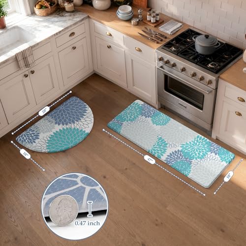 KIMODE Half Circle Kitchen Mats for Floor Cushioned Anti Fatigue,Semi Round Floral Boho Kitchen Rug Sets of 2 Non Slip,Waterproof Kitchen Carpet Decor for Sink Laundry Bathroom,Teal Blue - color: Teal Blue, size: 18" x 28"+18" x 47"-0.47 inches