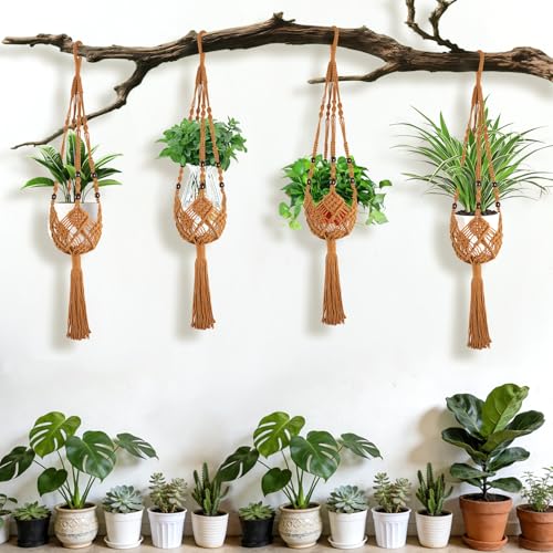 Augshy Jute Crochet Macrame Plant Hangers with Hooks, 2 Pack 35 Inch Natural Cotton Boho Indoor Outdoor Brown Planter Hanging Holder for Ceiling Balcony Porch Home Decor - color: Caramel, size: 35 Inches