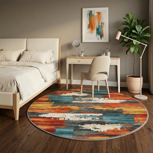 6ft Round Area Rug for Living Room,Modern Abstract Burnt Orange Rug,Terracotta and Teal Brushstroke Rug,Non-Slip Washable,Bedroom, Dining Room, Home Office,Nursery - color: Burn Orange, size: 6ft