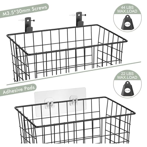 Wall Hanging Baskets 3 Pack, Diversified Wire Basket Shelves of Wooden Style, with Wall Mounted Hooks & Traceless Stickers, for Kitchen Coffee Bar Office Room Garage Storage Organization (Large) - size: Large