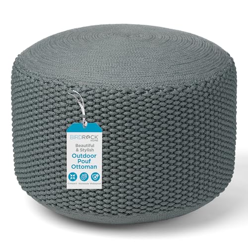 BIRDROCK HOME Outdoor Pouf Ottoman - Mist - Woven Indoor or Backyard Patio Use - Floor Footstool for Living Room- Knit Bean Bag - Oversized Padded Chair - Moroccan Foot Rest - color: Mist
