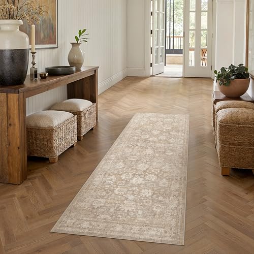 HUGEAR 2x6 Runner Rug Beige Machine Washable Rug Room Decor Vintage Distressed Hallway Rugs Low Pile Carpet Non Slip Washable Rugs for Kitchen Laundry Room Living Soft Lightweight - color: A| Beige, size: 2' x 6' (Runner)
