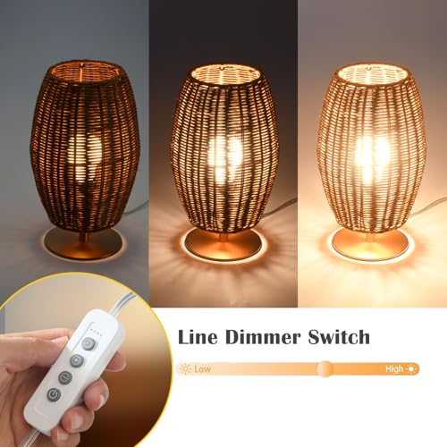 Boho Style Rattan Table Lamp,Dimmable Bamboo Desk Lamp,Timer Build in,Oven Brown Rattan - color: Timer
