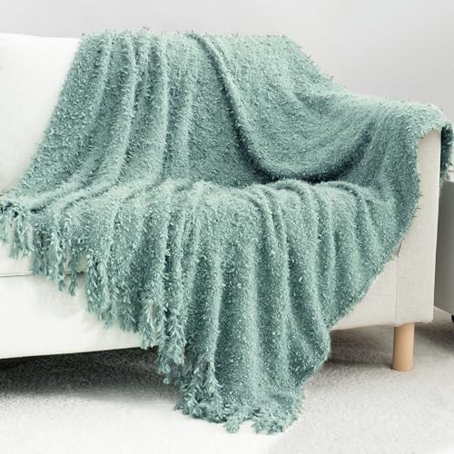 Knit Throw Blanket Fluffy Fuzzy Soft Lightweight Cozy Farmhouse Tassels Chunky Knitted Throws for Couch Sofa Bed (Sage Green, 50"x60") - color: Sage Green, size: 50"x60"