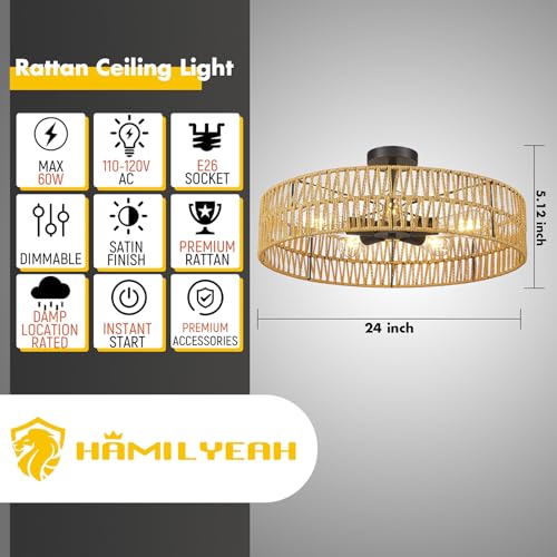 Hamilyeah 24 inch Rattan Boho Flush Mount Ceiling Light Fixture with 5 Light,Woven Light Fixtures Ceiling Mount for Living Room, Bedroom, Kitchen - color: 24INCH Black Semi Ceiling Light