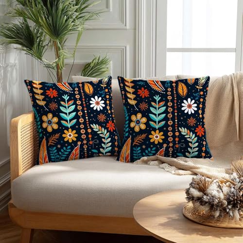 Firmiso Scandinavian Folk Art Throw Pillow Covers 18x18 Set of 2 | Floral Decorative Cushion Covers for Sofa Couch Bed | Boho Nordic Inspired Home Decor Pillow Cases | Navy Blue Orange Accent - color: Folk Art
