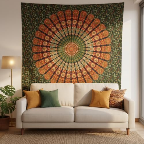 FURNISHFUL FINESSE Handmade Cotton Peacock Mandala Tapestry - Indian Boho Wall Decor, Bohemian Hippie Room Hanging for Bedroom & Living Room- 54x84 Inches, (Golden Green) - color: Golden Green, size: 84"L x 54"W