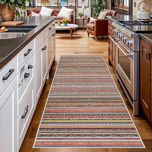 HILORUUG 4x8 Rug Washable Indoor: Non-Slip Southwestern Striped Carpet for Kitchen Hallway Entry - Farmhouse Low Pile Stain Resistant Long Thin Front Door Mat 4x8 Red/Blue/Multi - color: Multi Color, size: 4' x 8' (Rectangular)