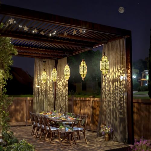 Twinkya Hanging Solar Lights Outdoor Garden Decorative Solar Lantern Waterproof Metal Moroccan Outdoor Decorations for Patio Pathway Yard Porch Backyard Garden Decor (Gold, 1 Pack) - color: Gold, size: 1pack