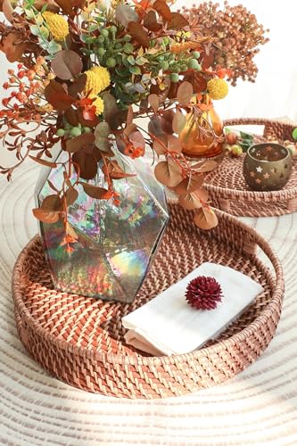 HITOMEN 14.2" Hand-Woven Round Rattan Serving Tray Decorative Ottoman Wicker Platter with Handles for Coffee Table, Breakfast, Drinks, Snack, Bread, Fruit, Vegetables (Honey Brown-L) - color: Honey Brown, size: Large (14.2 inches)