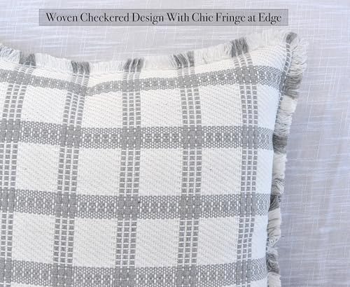 Checkered Throw Pillow Covers with Fringe Set of 2 Woven Cotton Plaid Cushion Covers With Tassels Trim Edge Square Pillow Cases Classic Scandinavian Cottagecore Checks Pattern Grey and White 20x20 - color: Grey, size: 20" x 20" (Pack of 2)