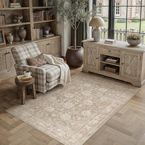 HUGEAR 5x7 Area Rug Beige Machine Washable Rug Room Decor Vintage Distressed Living Room Rugs Non Slip Low Pile Soft Carpet for Bedroom Office Dining Room Soft Lightweight - color: A| Beige, size: 5' x 7' (Rectangular)
