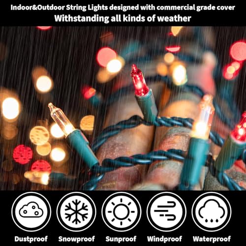 LAMPHOME 100 Count Red Clear Christmas Lights, Green Wire 20Ft Incandescent Holiday String Light Set for Indoor Outdoor Use Christmas Tree, Halloween, Valentine Wedding Lighting Decoration - color: Red and Clear-Green Wire