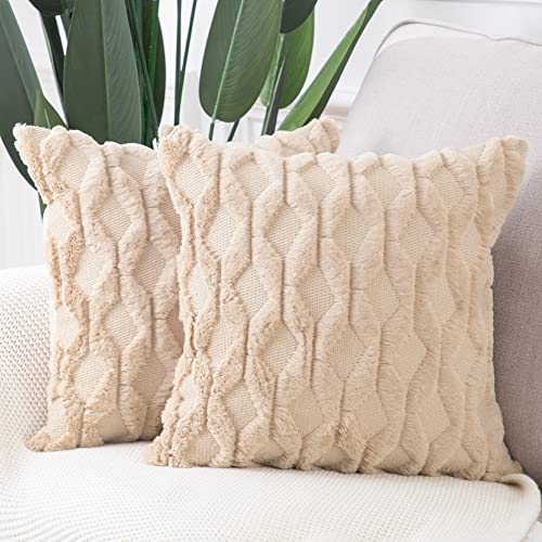 MADIZZ Set of 2 Soft Polyester Short Wool Velvet Decorative Throw Pillow Covers 16x16 inch Khaki Square Luxury Style Cushion Cases Pillow Shell for Sofa Bedroom - color: Khaki, size: 16" x 16" (Pack of 2)