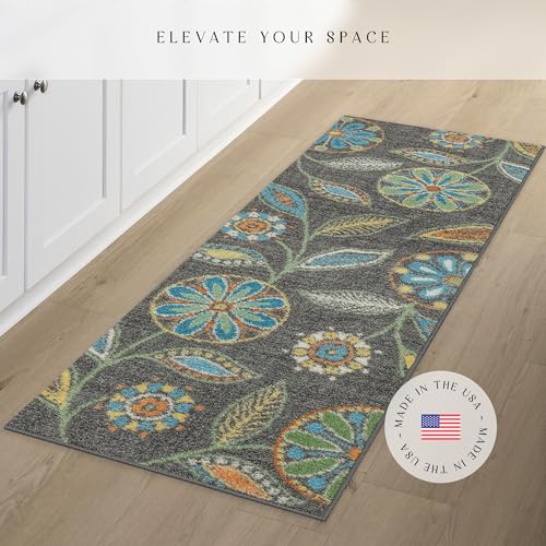 Maples Rugs Reggie Floral Runner Rug - Made in USA - Washable, Non Slip Indoor Carpet for Kitchen, Hallway, and Laundry Room, 2' x 5', Dark Grey - color: Dark Grey, size: 2' x 5' (Rectangular)