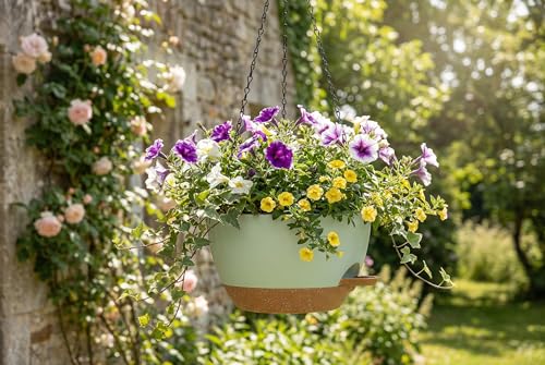 Hanging Planters, 3-Pack 10 Inch Self-Watering Pots with Drainage Holes and Chains, Matte Plastic Planters for Indoor/Outdoor Plant（Green Brown） - color: Green Brown, size: 10 inches