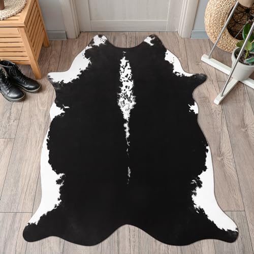 BENRON Small Cowhide Rug Black, Faux Cow Hide Rugs for Entryway Kitchen Hallyway Western Home Decor, Non Slip Cute Rug with Irregular Animal Skins and Hides, 2.3 x 3.6ft - color: Black, size: 2'4" x 3'7" (Irregular)