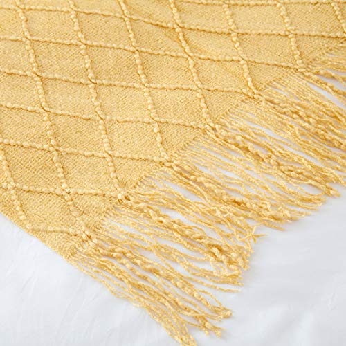 TREELY Knit Throw Blanket for Couch,Soft Knitted Blankets with Tassels Fringe 50" X 67.7", Decorative Lightweight Throws Blanket Farmhouse Bed Sofa Fall Outdoor, Yellow