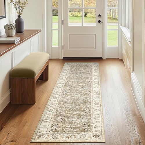 jinchan Fiora Runner Rug 2x5, Distressed Vintage Floral Washable Rug with Low-Pile Surface and Non-Slip Backing, for Entryway Kitchen Laundry Room Indoor Walkways and High-Traffic Areas, Taupe - color: Distressed Taupe, size: 2' x 5' (Light Weight)