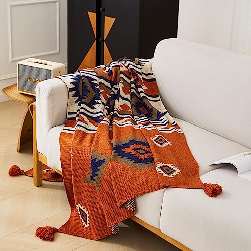 AIVIA Southwestern Chair Throw Blankets, Acrylic Knitted Southwest Tribal Bed Couch Sofa Blanket, Native American 2025 Ideal for Mom Dad Women Grandma Wife Daughter Sister - color: Rusted Brown Navy White, size: 60”x80”