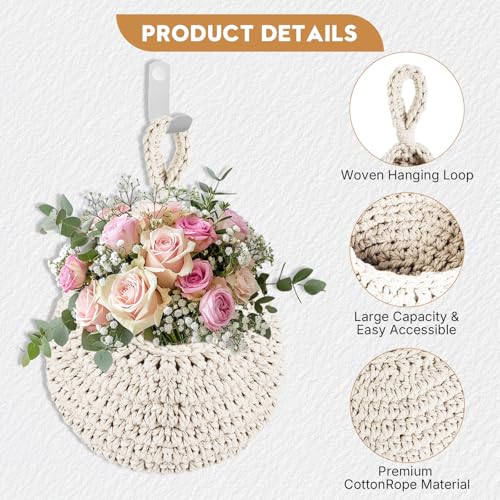 Boho Wall Hanging Fruit Baskets for Kitchen - Rope Woven Hanging Produce Basket, Decorative Storage Organizer for Fruits, Veggies, Snacks, Farmhouse & Boho Home Decoration. - color: Beige-01