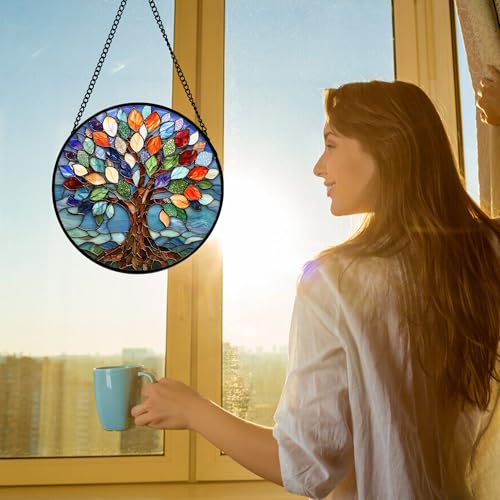 DASTOLL Stained Glass Window Hanging, Colorful Tree of Life Sun Catchers Glass Panel Blue Suncatcher Decor for Birthday for Women, Men, Wife, Aunt, and Mom 9.8 in - color: Colorful, size: 9.8x9.8 IN
