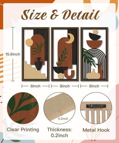 Putuo Decor Boho Wall Art Set of 3 Modern Minimalist Wooden Wall Decor Abstract Terracotta Room Decorations Mid Century Artwork for Living Room Bedroom Office in Terracotta Noir 16.5 x 8.6 Inch - color: Terracotta Noir