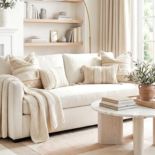 BlissBlush Decorative Throw Pillow Covers 20x20 Combo Set of 2 Square Cream Neutral White Boho Accent Pillowcase Tassels Farmhouse Cushion for Couch Sofa Bedroom Living Room Home Décor Cover ONLY - color: Beige, size: 20" x 20" (Pack of 2)
