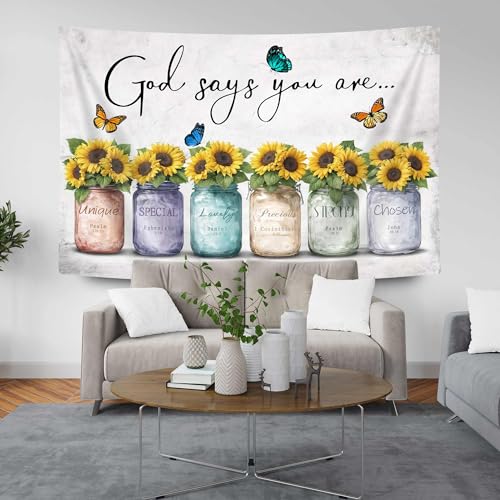 DYNH Inspirational Bible Verse Tapestry, God Says You Are, Sunflowers in Mason Jar Wall Hanging,Quotes Tapestries for Bedroom Living Room Dorm TV Backdrop,40x30In - color: Yellow, size: 40"L x 30"W