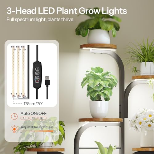 HOOBRO Plant Stand Indoor with Grow Lights, 47.2" Tall Metal Plant Shelf, 7 Tiered Corner Plant Stand for Indoor Plants, Plant Rack for Living Room Bedroom Balcony, Rustic Brown and Black BF09DHJ01 - color: Rustic Brown + Black