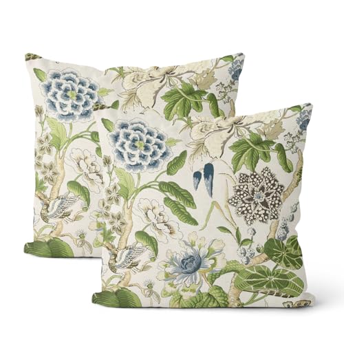 Sage Green Boho Pillow Covers 16x16 Inch 2 Pcs Blue Green Vintage Floral Bird Decor Throw Pillows Chinoiserie Flower Seasonal Outdoor Farmhouse Pillowcase Linen Cushion Cover for Couch Sofa - color: Green Blue Boho Floral Bird, size: 16" x 16" (Pack of 2)
