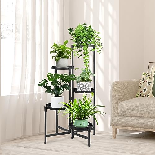 5 Tier Metal Plant Stand for Indoor Outdoor, Black | Foldable, Toolless Assembly, Flexibly Adjustable, Waterproof, Antislip