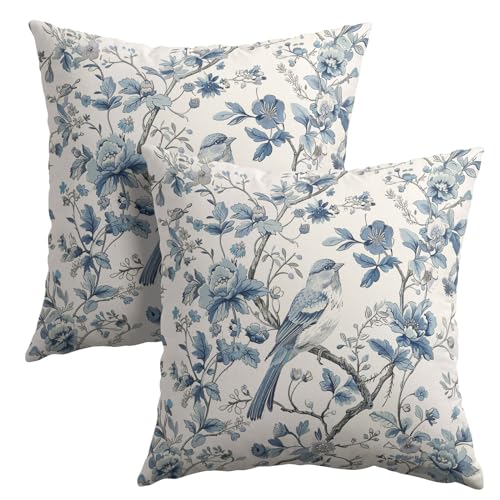 Chinoiserie Blue & White Pillow Covers - 16x16 Inches, Bule Birds & Flowers Design, Set of 2 for Home Couch & Sofa - color: Chinoiserie Flowers240413, size: 16" x 16" (Pack of 2)