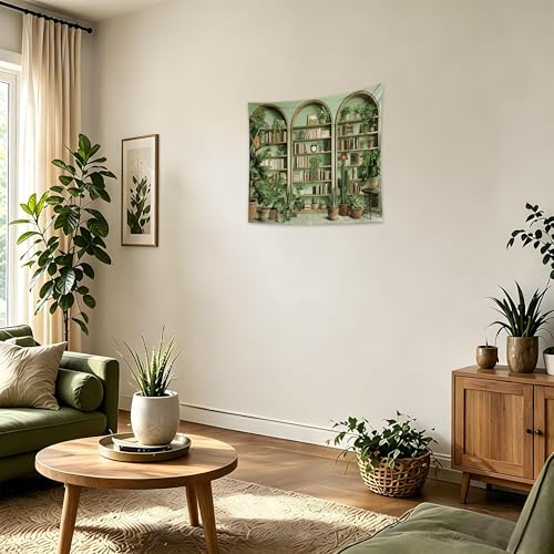 QGHOT Sage Green Vintage Tapestry Botanical Bookshelf Tapestry Wall Hanging Fake Potted Office Zoom Video Backdrop for Study Room Bedroom Living Room Decor, 37.4" x 28.7" - color: Z, size: 28.7"L x 37.4"W