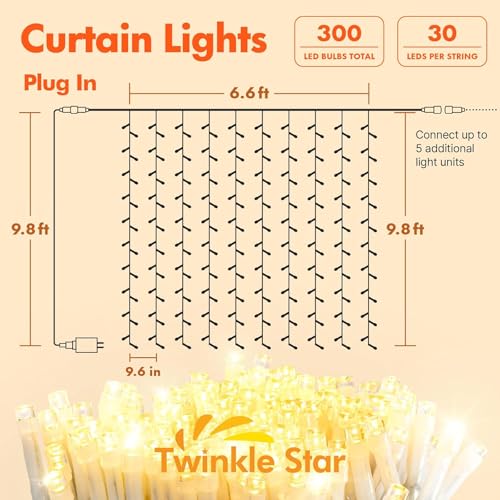 Twinkle Star 300 LED Window Fairy Curtain String Lights, 8 Modes Fairy Lights for Bedroom Wedding Party Home Garden Outdoor Indoor Wall Decorations, Warm White, 2 Pack - color: *Warm white, size: 300 LED-2PACK